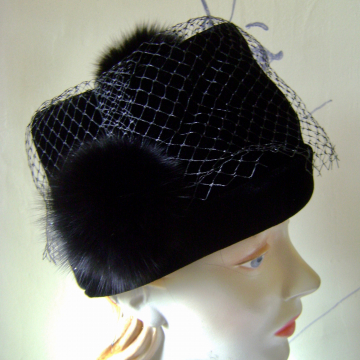 Tall Velvet Hat with Velvet and Fur PomPoms