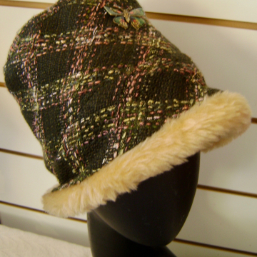 "Fur" Lined Plaid Hat with Butterfly