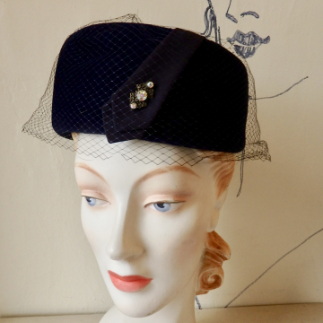 Vintage Navy Blue Pillbox with Veil and Rhinestones