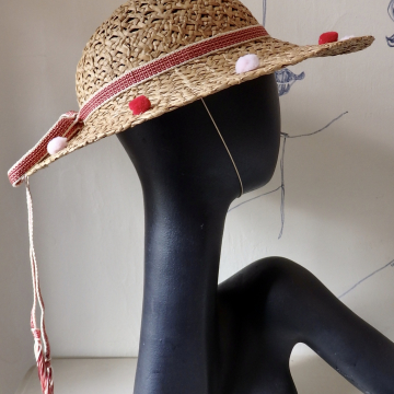 Cute Straw Boater with PomPoms