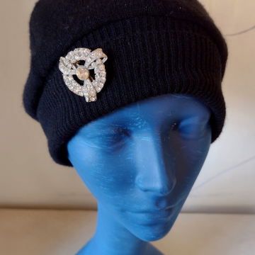 Elegant Beanie with Rhinestone Brooch