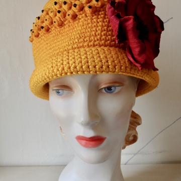 Bright Yellow Beaded Hat with Poppy