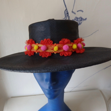 Black Boater with Vintage Trim and PomPoms