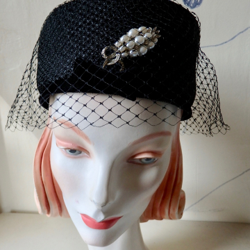 Veiled Pillbox with "Pearl" Pin